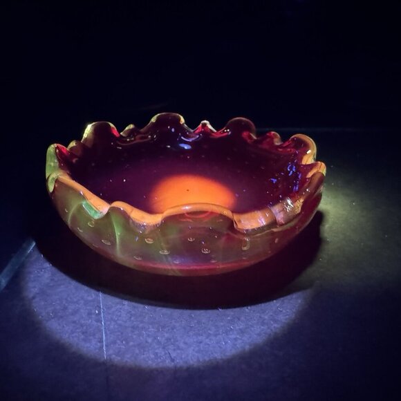 Ruby Red Murano Art Blown Glass Trinket Bowl 4.5” Glows Uv Bullicante Vintage - Picture 15 of 16
